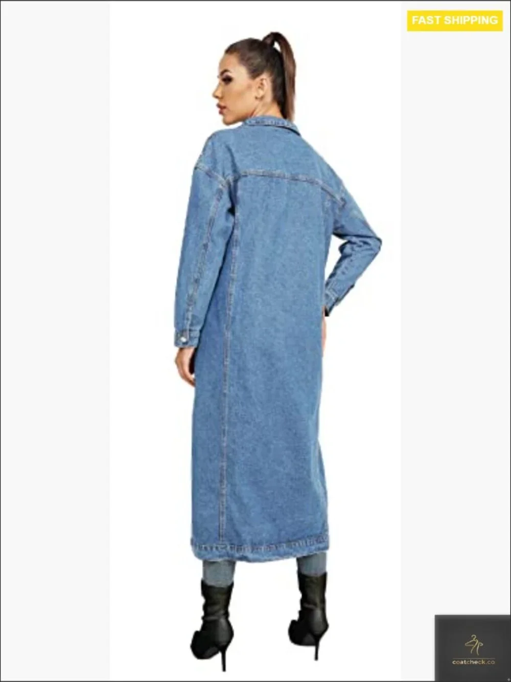Classic Denim Trench Coat Oversized Loose Fit Long Sleeve Button Down Jacket - Picture 2 of 6